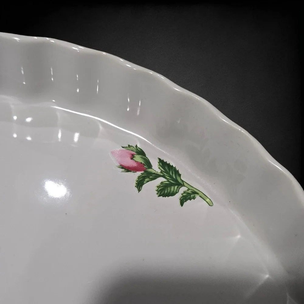 Vintage White Pink Rose Floral Beveled Porcelain 9.5in Quiche Tart 1980s Pie Pan